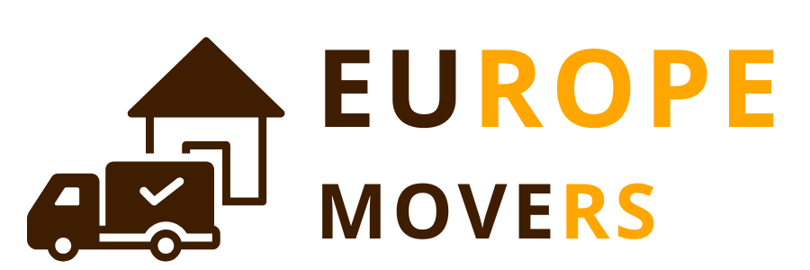 Logo of Europe Movers with a moving truck and house graphic